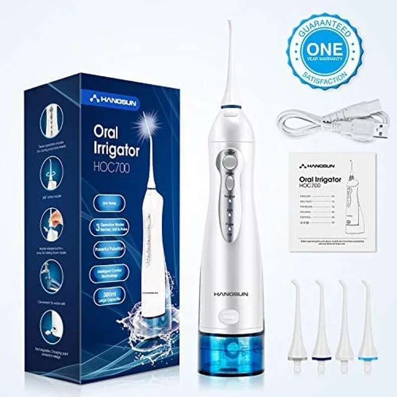 Water Flosser Cordless Oral Irrigator Rechargeable Dental Water Jet HOC700 for Teeth Braces with 300ML Water Tank and 8 Jet Tips for Travel & Home Use