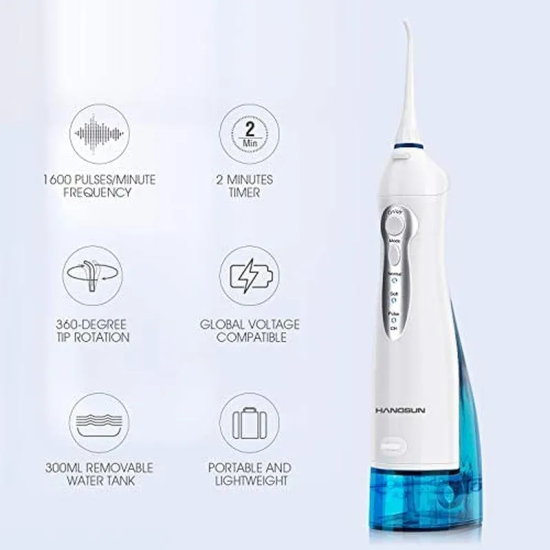Water Flosser Cordless Oral Irrigator Rechargeable Dental Water Jet HOC700 for Teeth Braces with 300ML Water Tank and 8 Jet Tips for Travel & Home Use